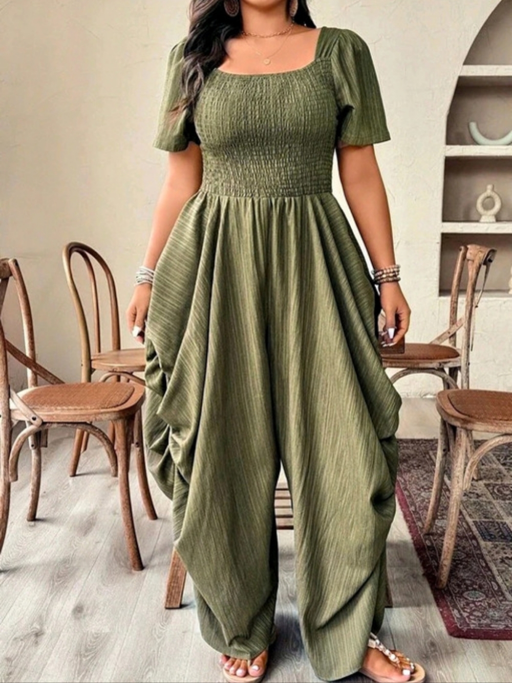 Amazing Olive Green Square Neck Cap Sleeve Harem Jumpsuit